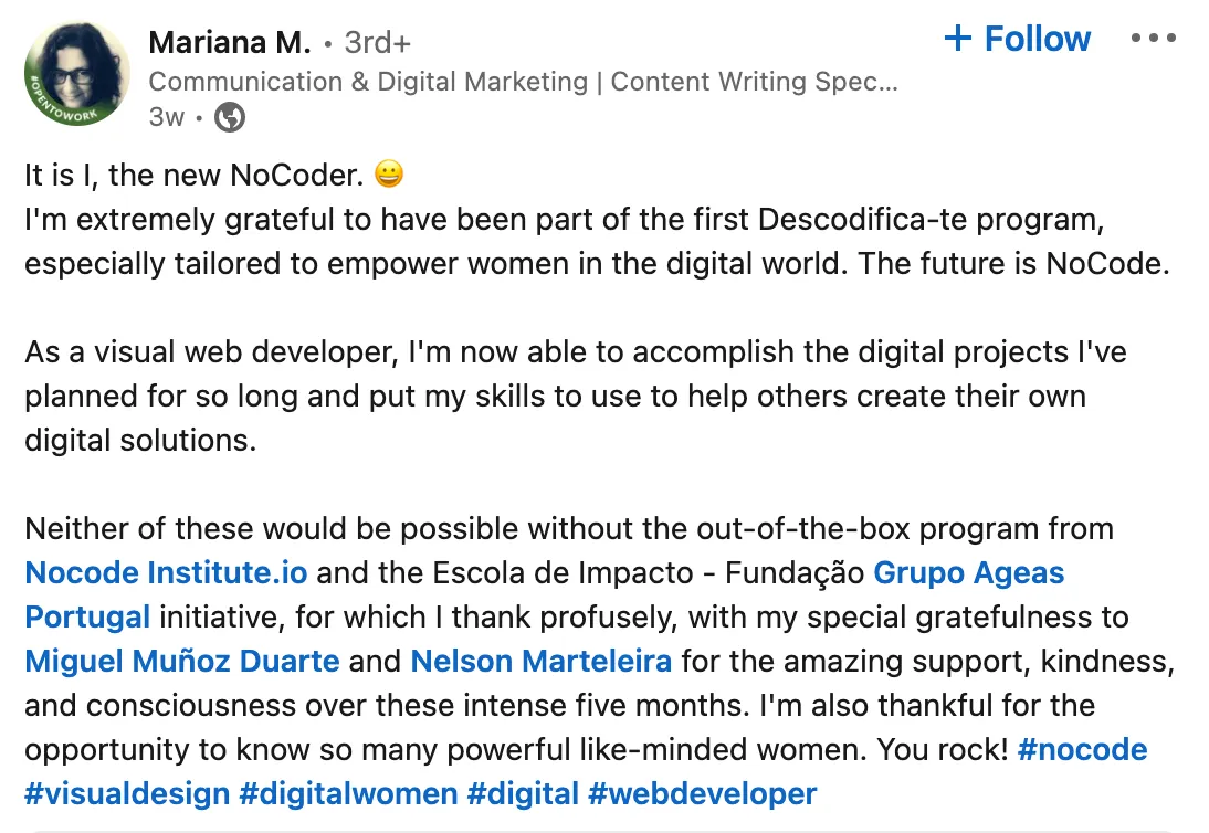 Testimonial from student of NoCode Foundations Program