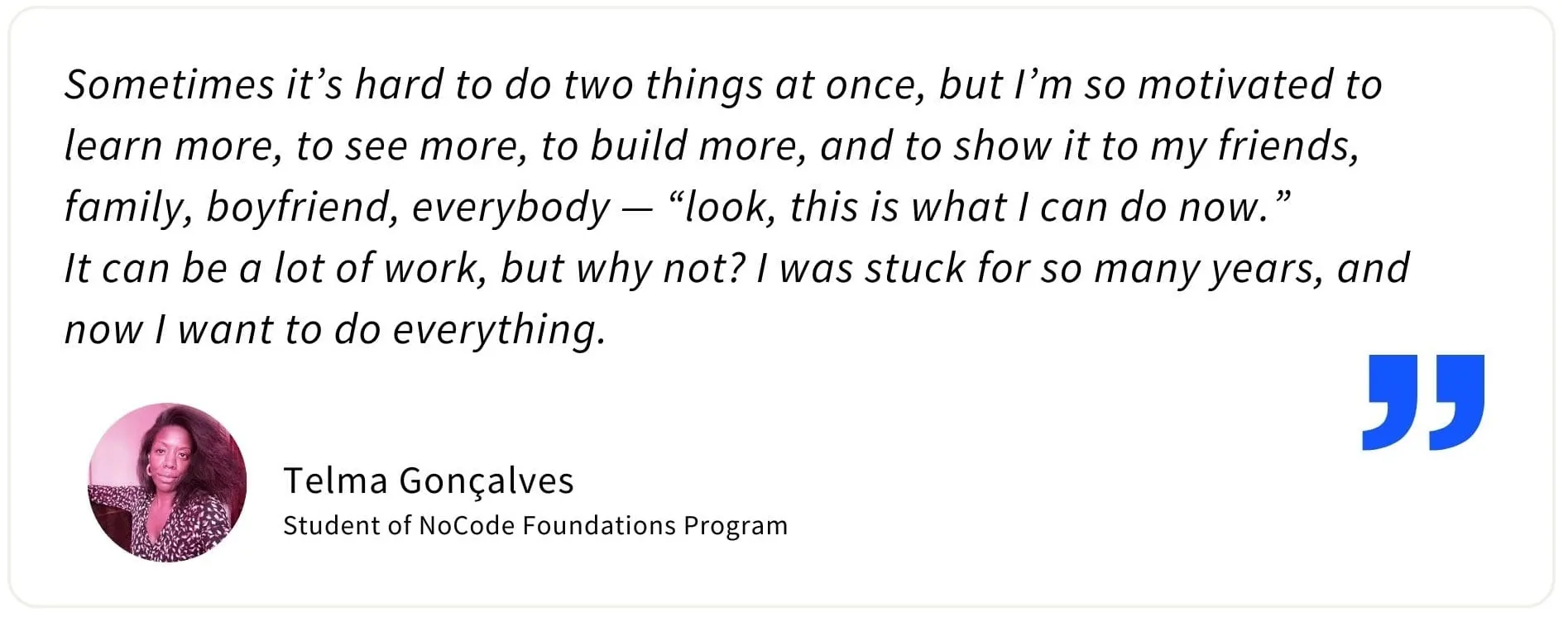 Testimonial from former NoCode Institute’s student