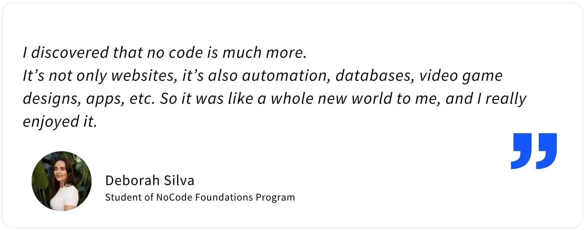 Testimonial from former NoCode Institute’s student