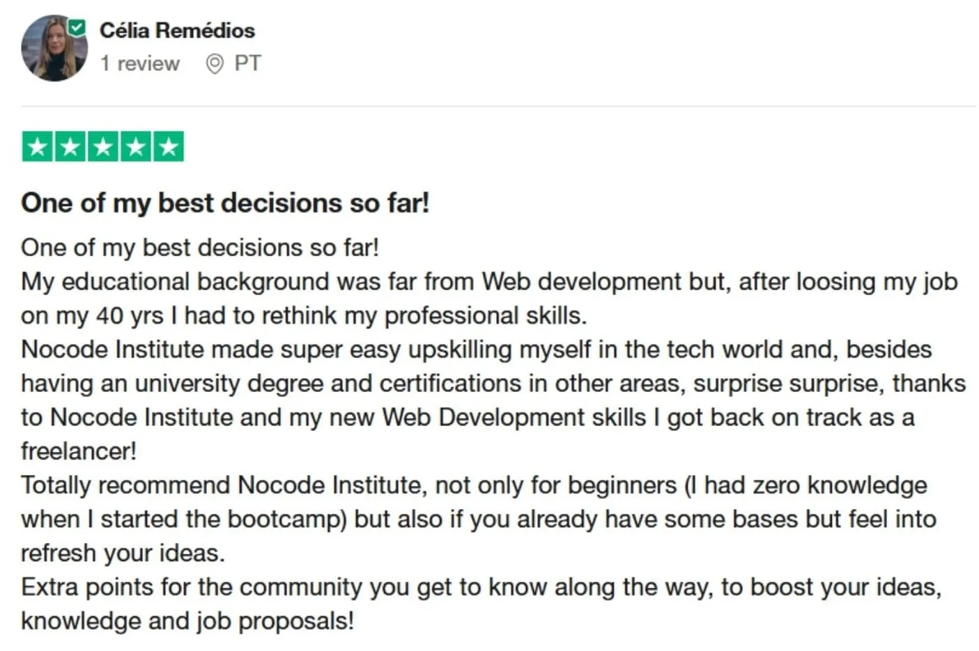Testimonial from former NoCode Institute’s student