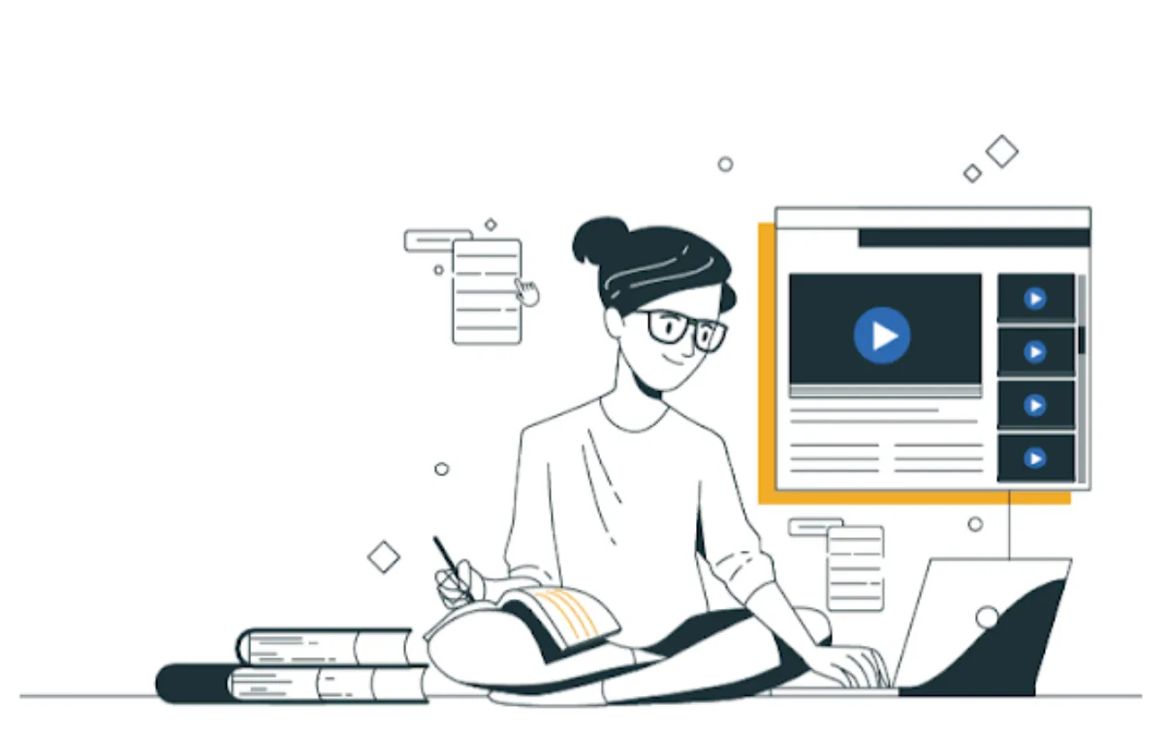 Illustration of a person studying with laptop, books, and educational interface.