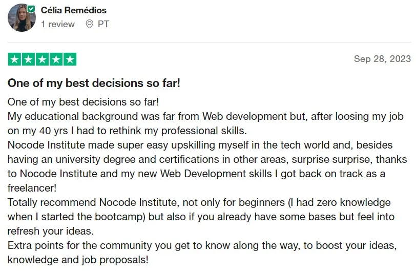 Testimonial from former student of NoCode Institute