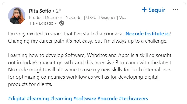 Testimonial from former student of NoCode Institute