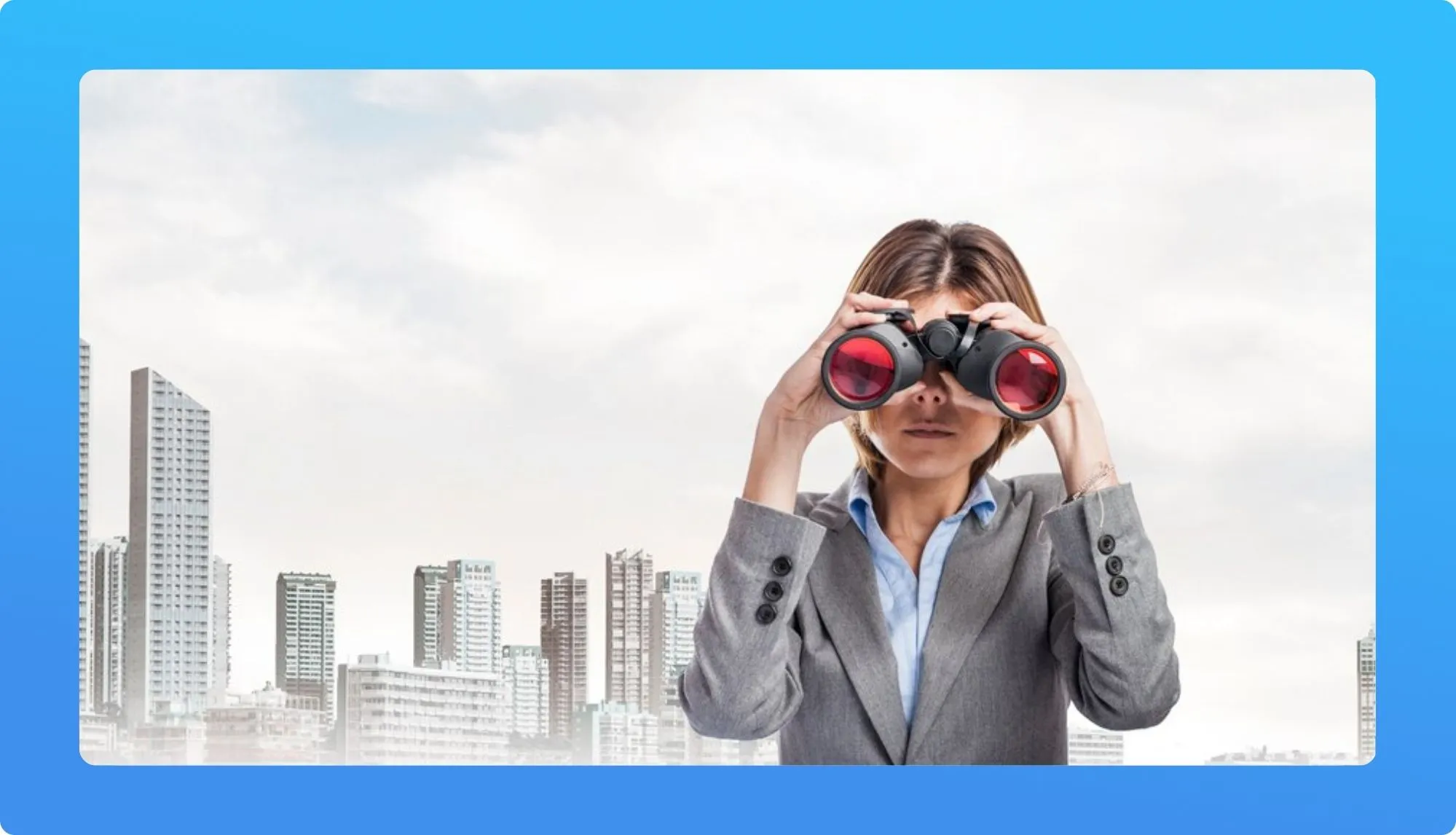 Woman in a suit holding binoculars against a cityscape background.