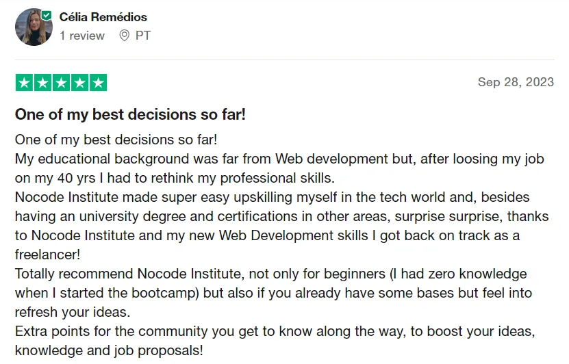 Testimonial from former student of NoCode Institute