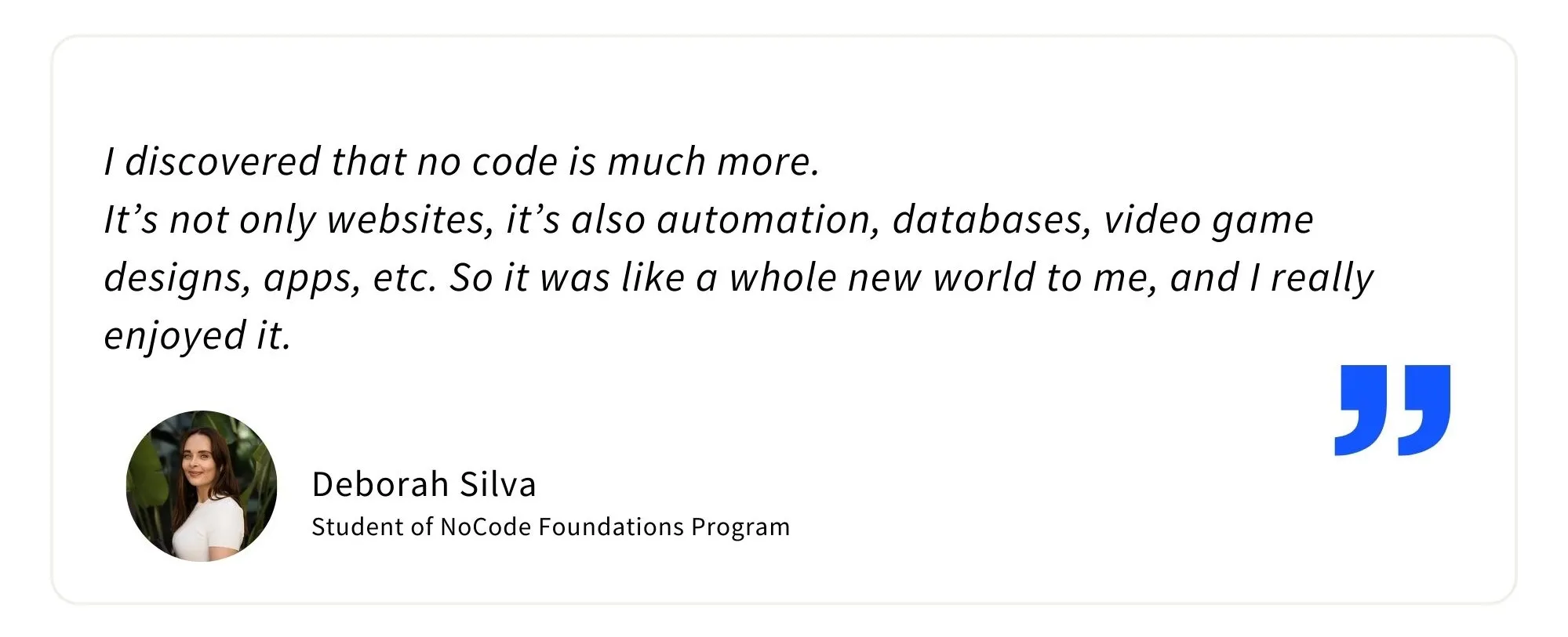 Testimonial from former student of NoCode Institute