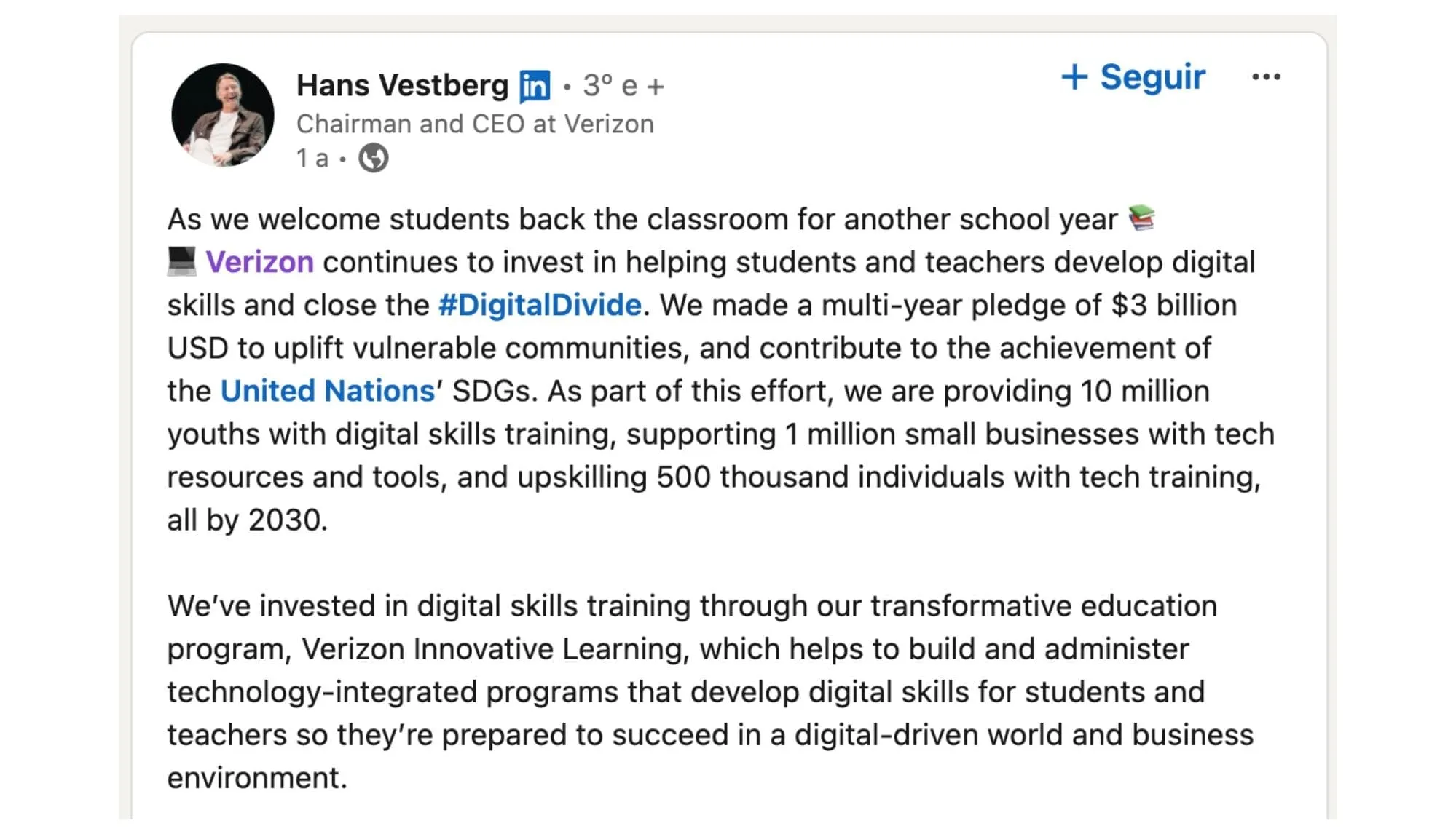 Hans Vestberg LinkedIn Post‍