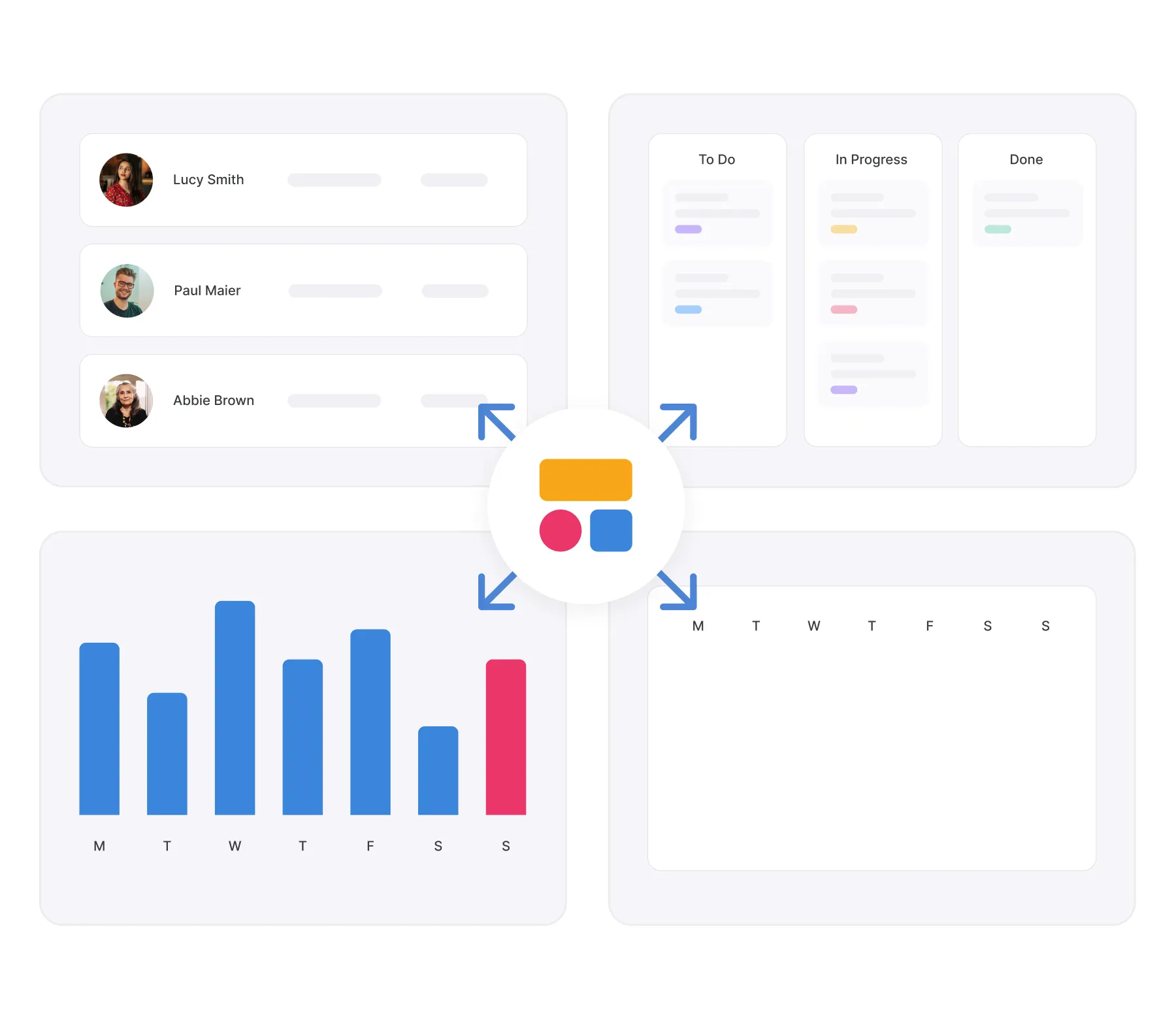 Graphic of task management interface with to-do lists and a productivity bar chart.