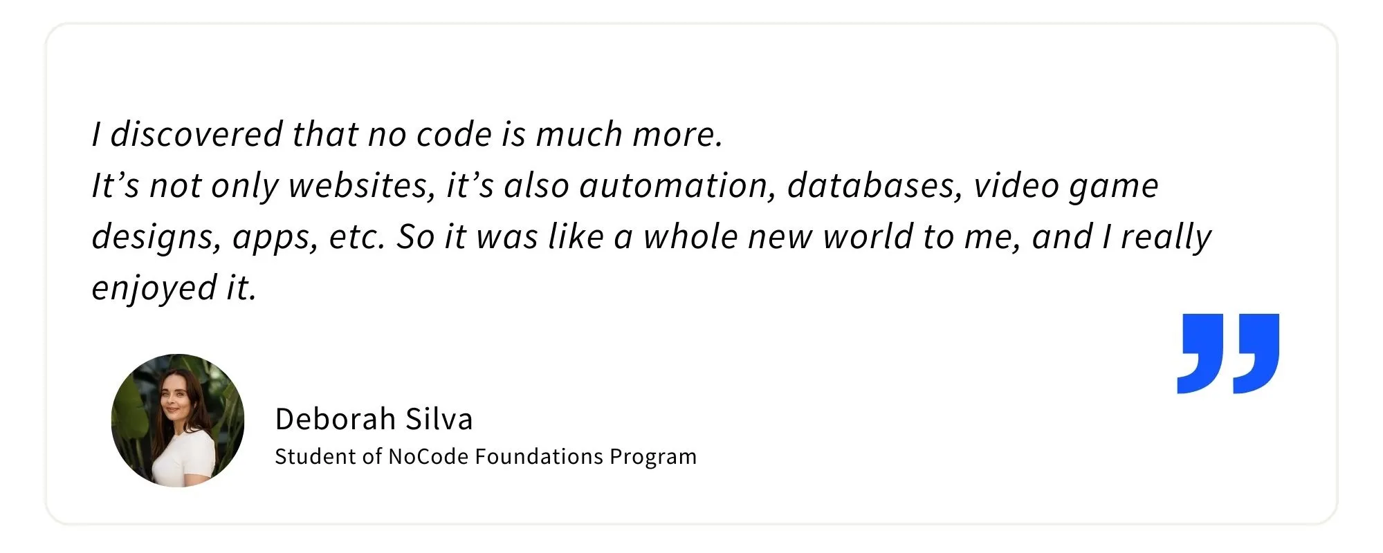 Testimonial from former student of NoCode Institute