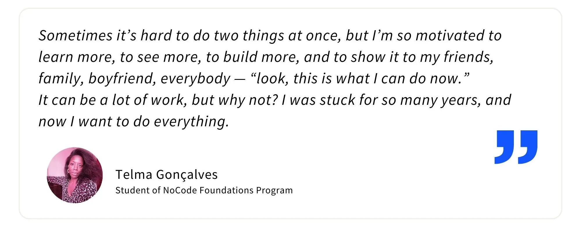 Testimonial from former student of NoCode Institute