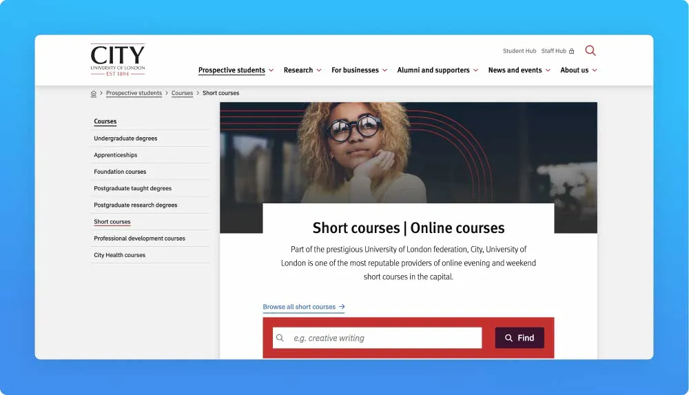 City, university of London professional programs and workshops website screenshot