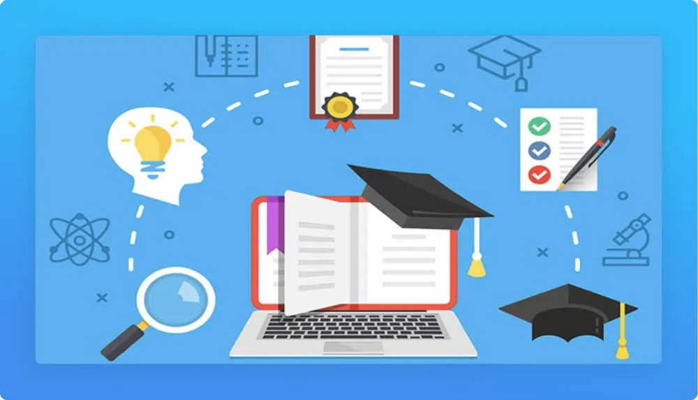 Professional programs related icons in a cartoon type image: laptop, notebook, certificate, graduation hat