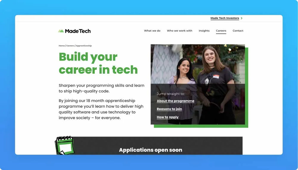 Made Tech professional programs and workshops website screenshot