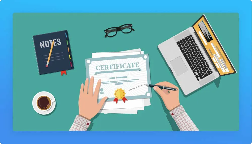 Cartoon type op view of hands certifying a professional tech certificate, laptop, glasses, notebook and coffee
