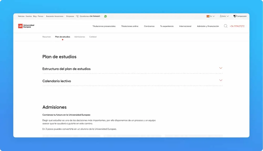Universidade Europea professional programs and workshops website screenshot