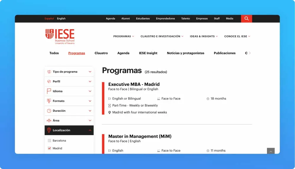 IESE Business School professional programs and workshops website screenshot
