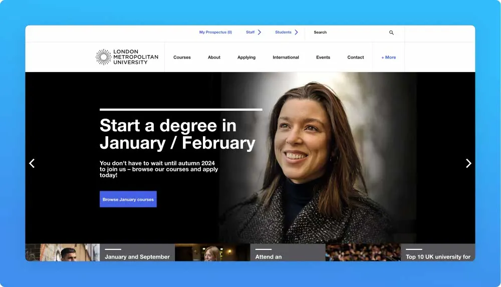 London Metropolitan University website screenshot