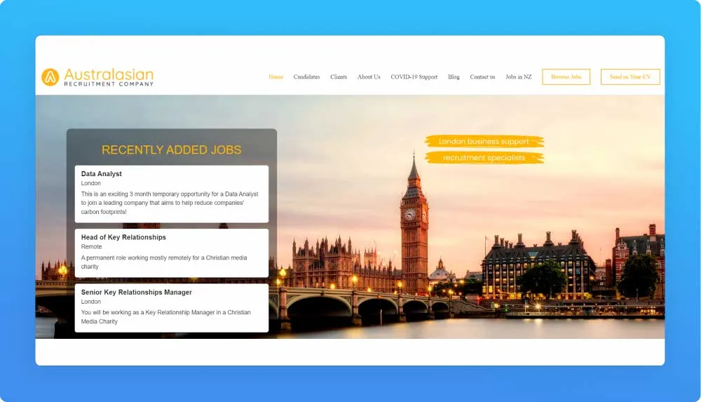 London Australasian recruitment company website screenshot