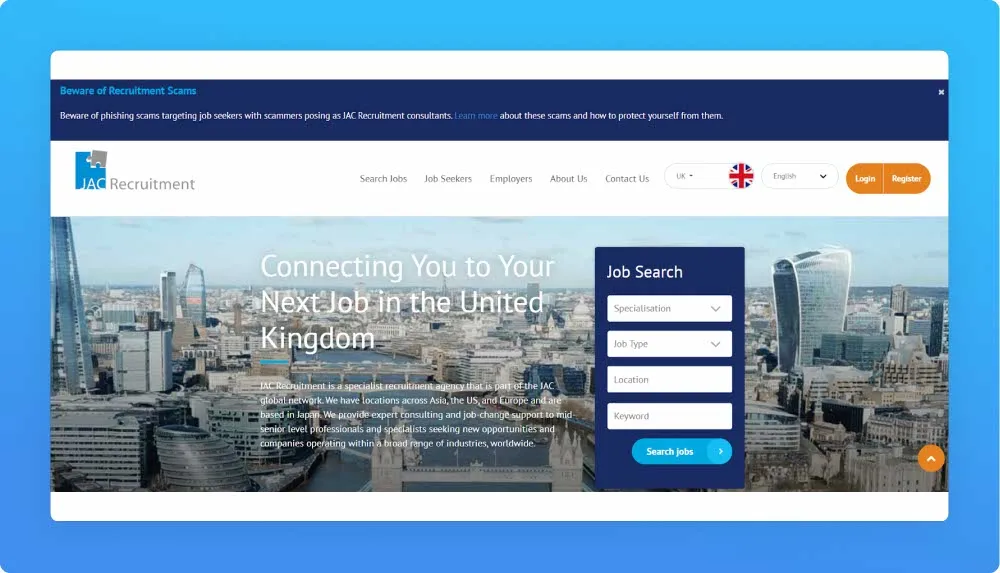 London agency JAC recruitment website screenshot