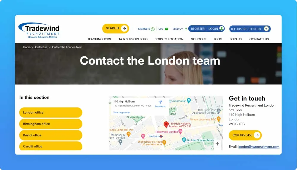 London agency Tradewind recruitment website screenshot