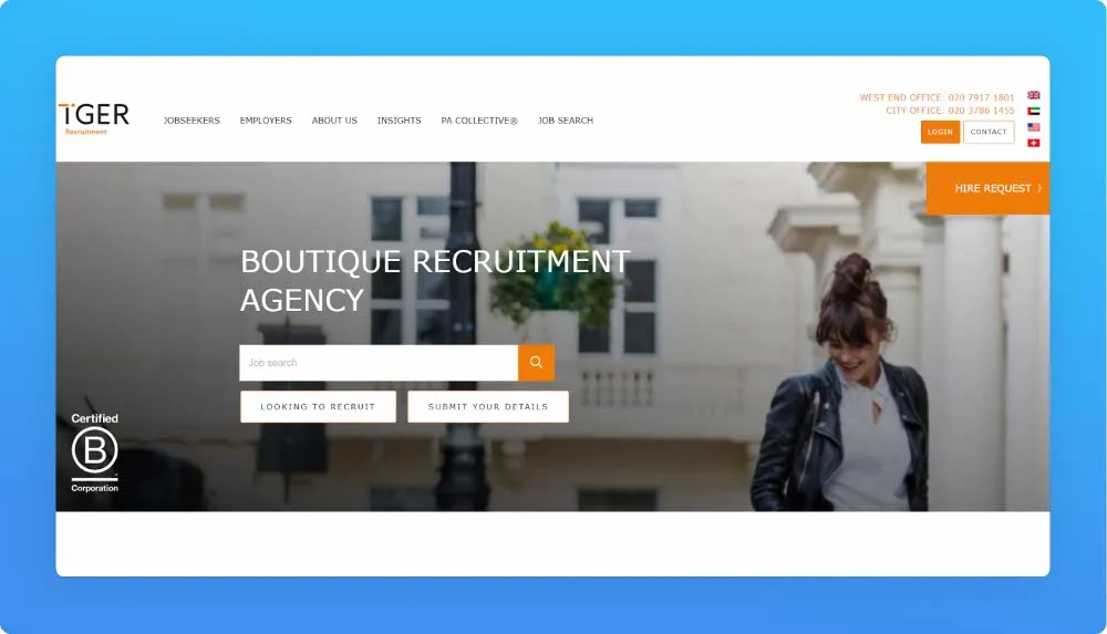 London agency Tiger Recruitment website screenshot