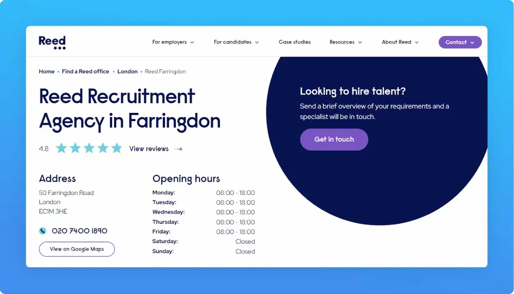 London recruitment agency Reed website screenshot