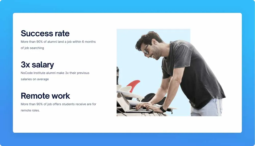Nocode institute numbers on success rate (90%), salary (3x) and remote work (90%)
