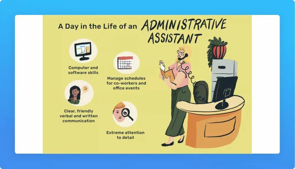 Topics about a day in the life of an Administrative Assistant: skills, schedules, communication and detail attention