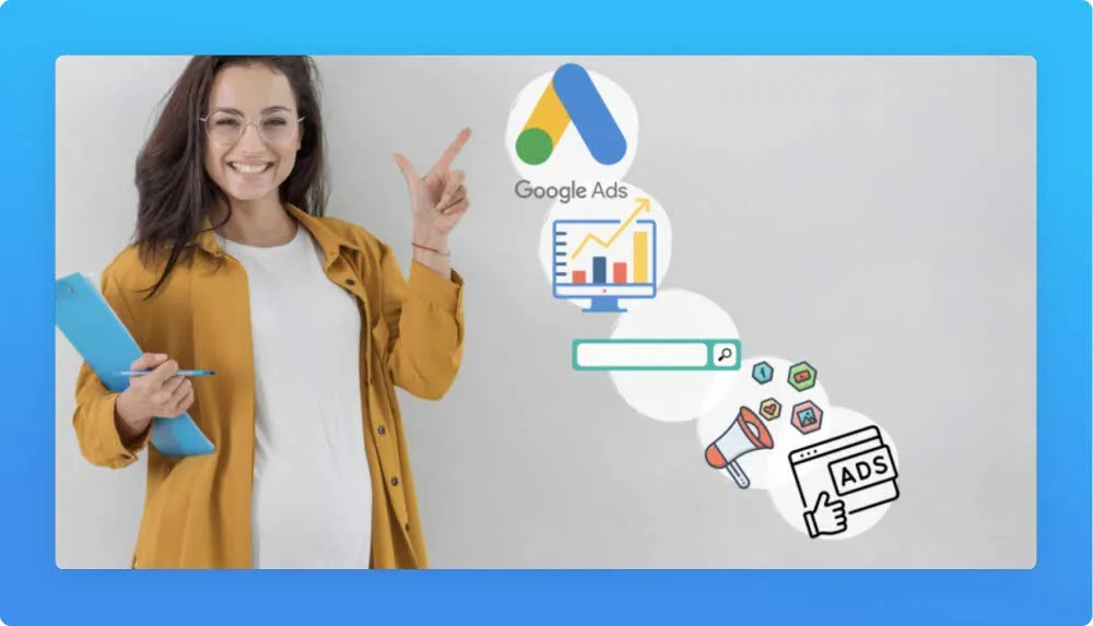 Woman pointing google ads related design elements