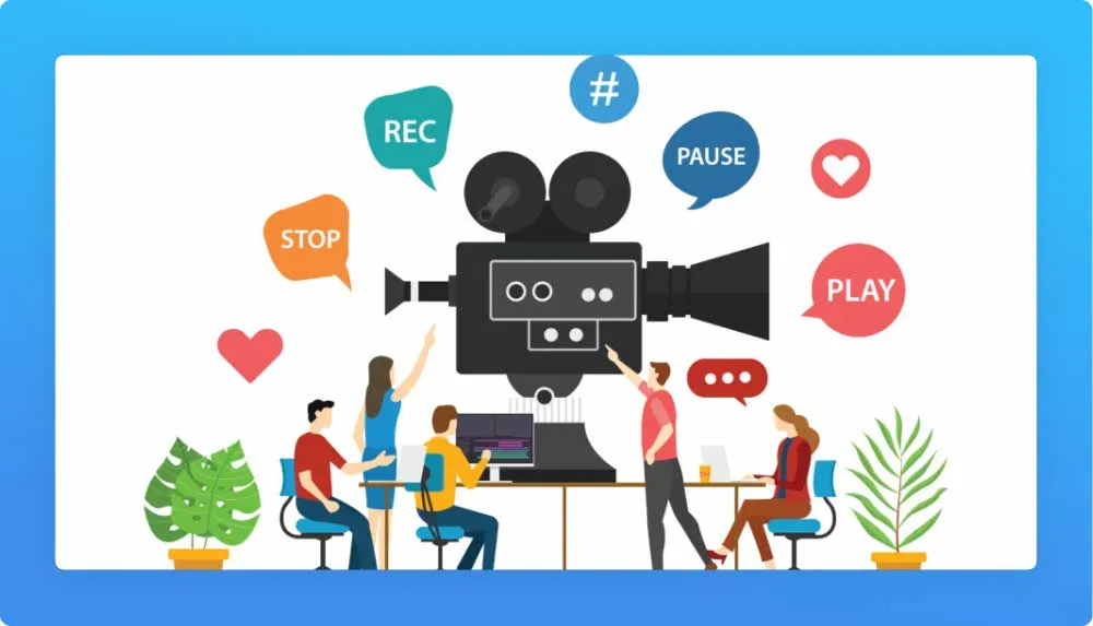 Cartoon type image of video-camera, people and word balloons: stop, rec, #, pause, play
