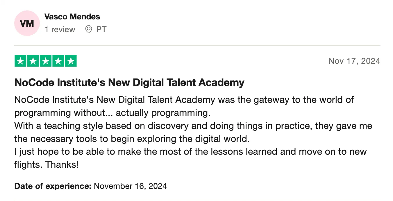 Testimonial from a former student of NoCode Institute 