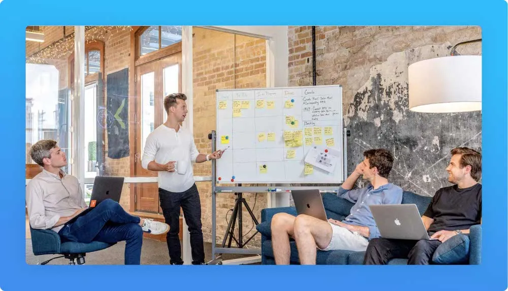 Accounting project management team of 4 having a meeting, white board written and with post-its