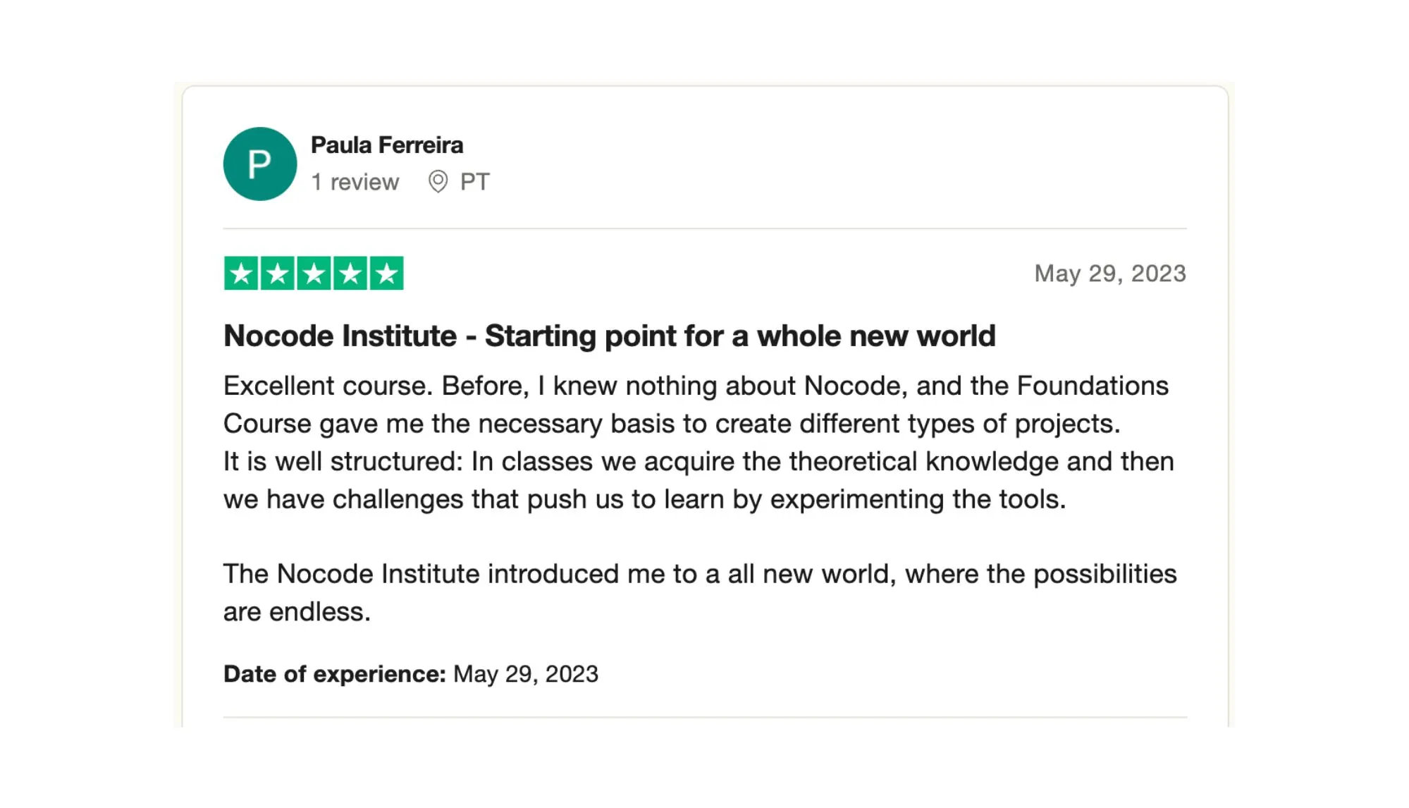 Paula's testimonial on Trustpilot