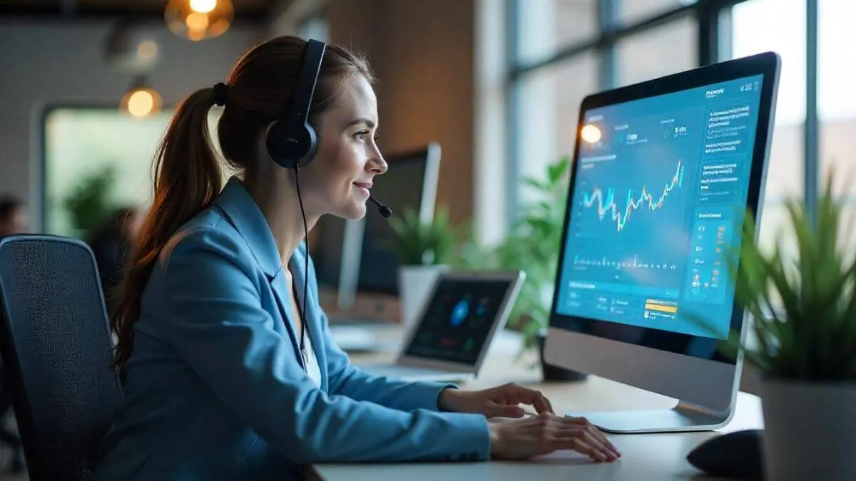 A professional woman in a blue blazer wears headphones, focused on a computer screen displaying analytics and data trends in a modern office.