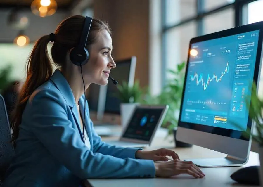 A professional woman in a blue blazer wears headphones, focused on a computer screen displaying analytics and data trends in a modern office.