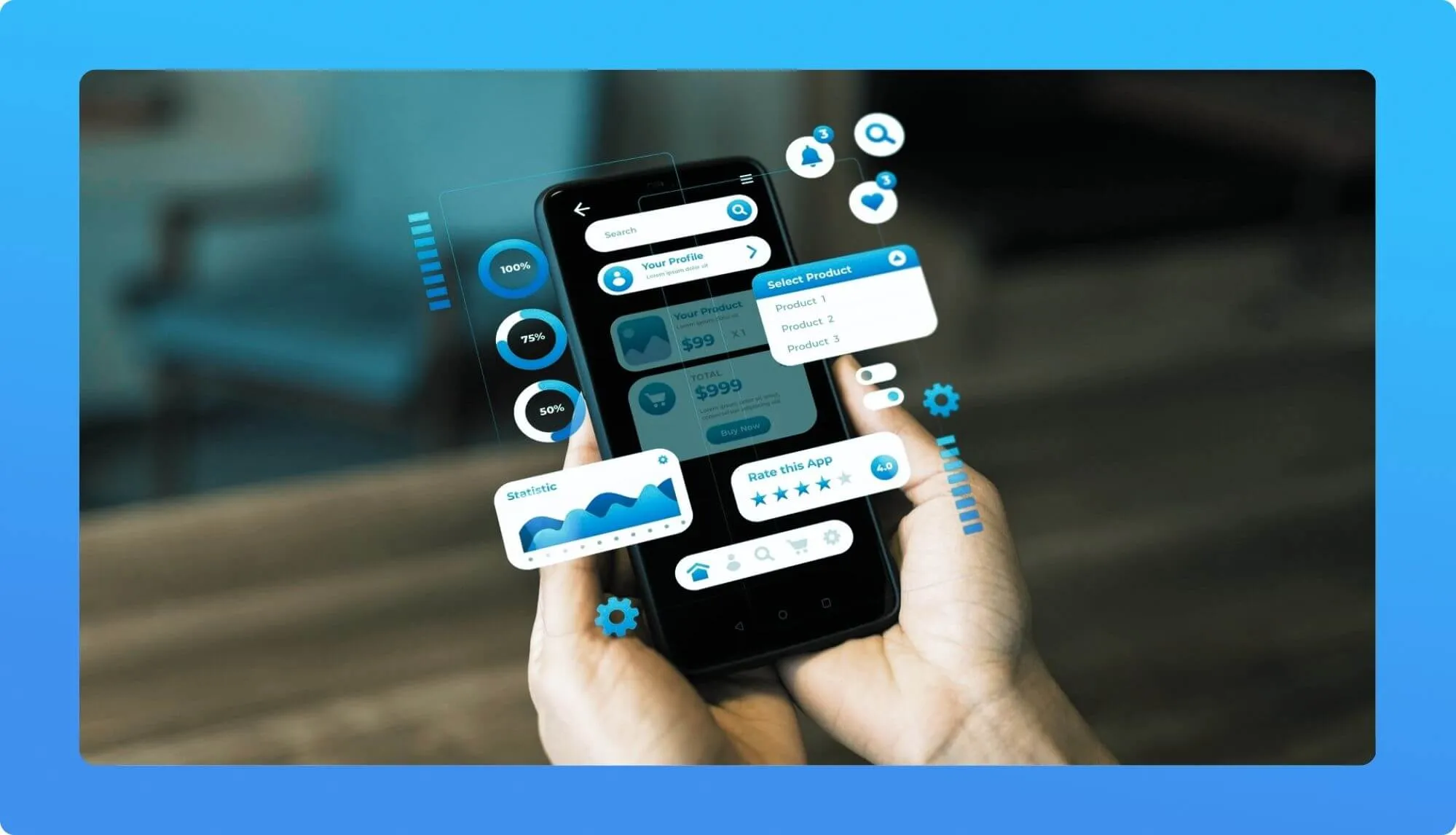 A smartphone displaying an app interface with product selection, statistics, and user ratings surrounded by interactive elements.