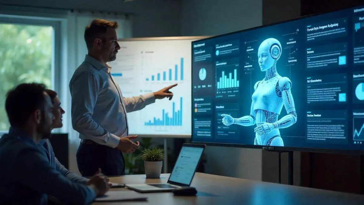 A person in a light blue shirt points at a digital screen displaying graphs and a humanoid robot in a modern meeting room.