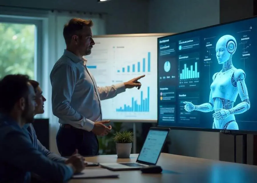 A person in a light blue shirt points at a digital screen displaying graphs and a humanoid robot in a modern meeting room.