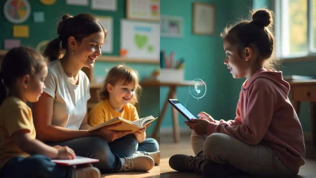 A woman reads a book to children on a cozy floor, while another child engages with a tablet in a bright, colorful classroom.