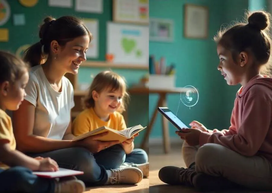 A woman reads a book to children on a cozy floor, while another child engages with a tablet in a bright, colorful classroom.