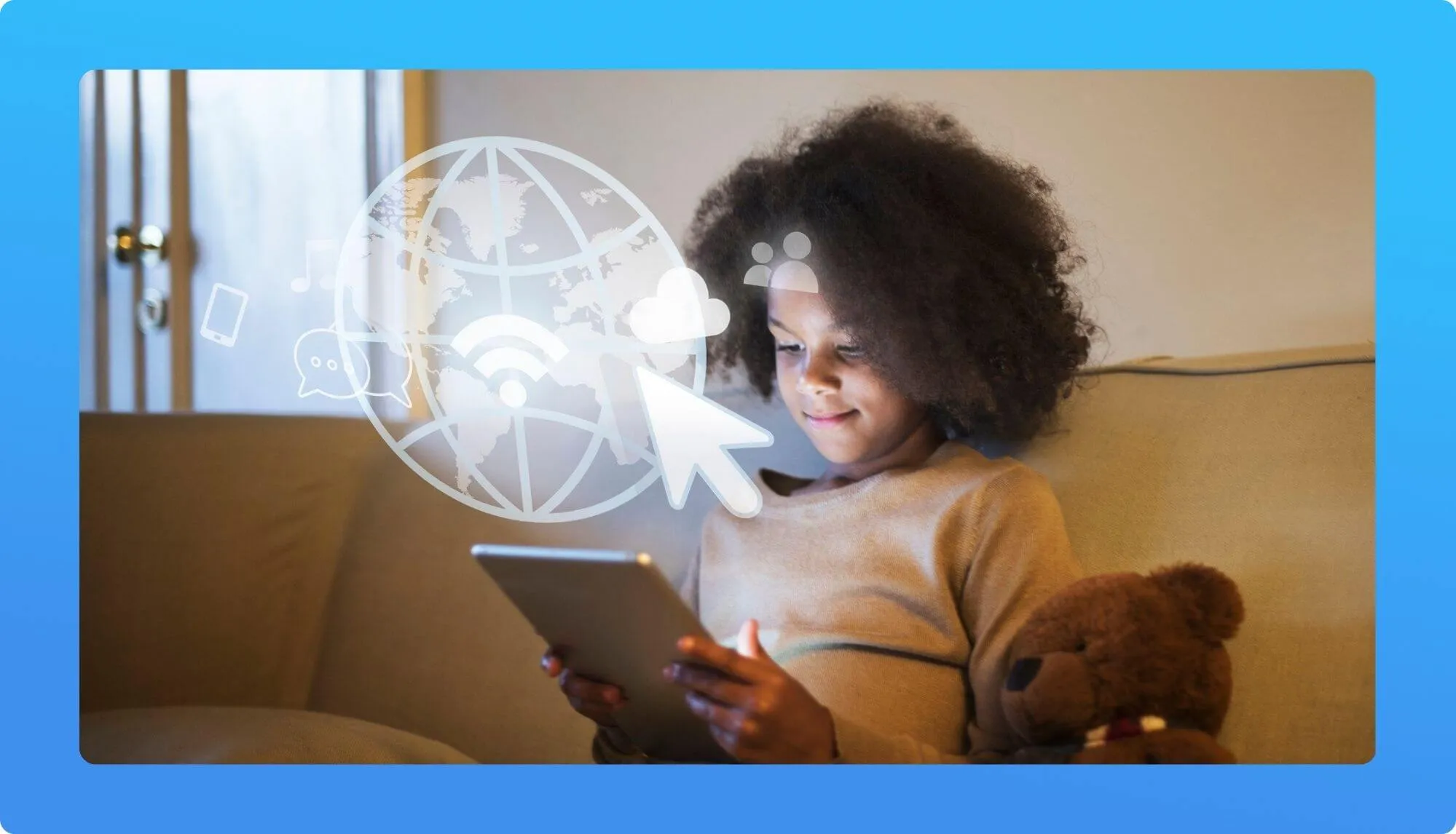 A child sits on a couch, focused on a tablet, with a teddy bear beside them and digital icons indicating connectivity in the background.