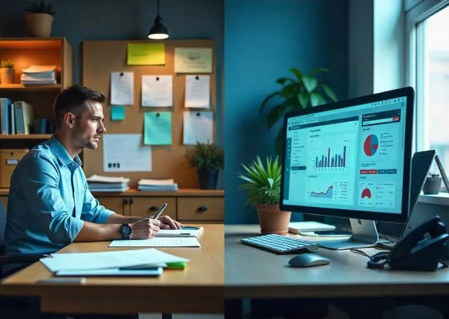 A person sits at a desk, writing notes, with a computer displaying analytical graphs and colorful charts beside a green plant.