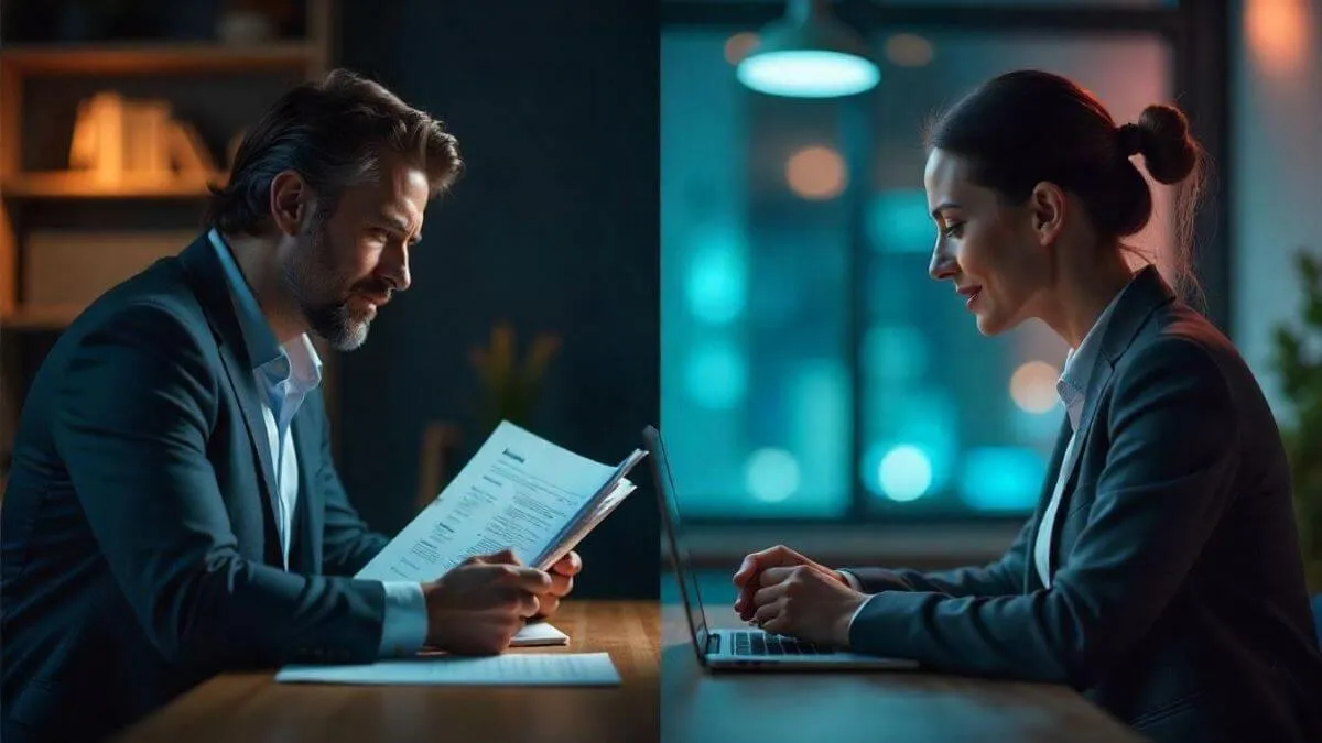 A professional man examines documents on the left, while a woman types on a laptop in a dimly lit office on the right.