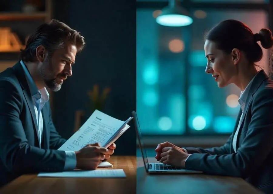 A professional man examines documents on the left, while a woman types on a laptop in a dimly lit office on the right.