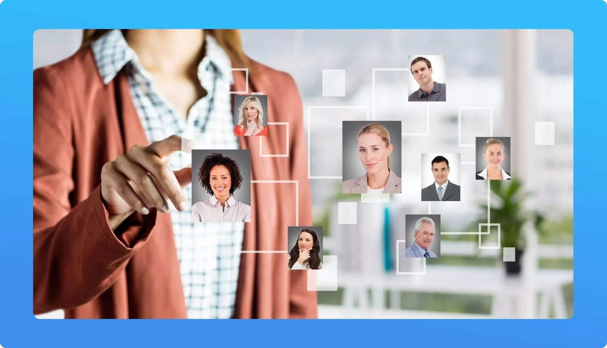 A person in a brown jacket gestures toward a digital network of portraits, representing connections and collaboration among individuals.