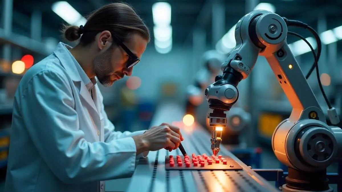 A robotic arm operates alongside a technician at a manufacturing facility, assembling small red components on a conveyor belt.