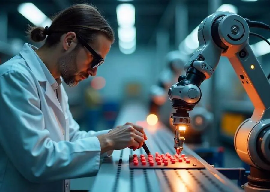 A robotic arm operates alongside a technician at a manufacturing facility, assembling small red components on a conveyor belt.
