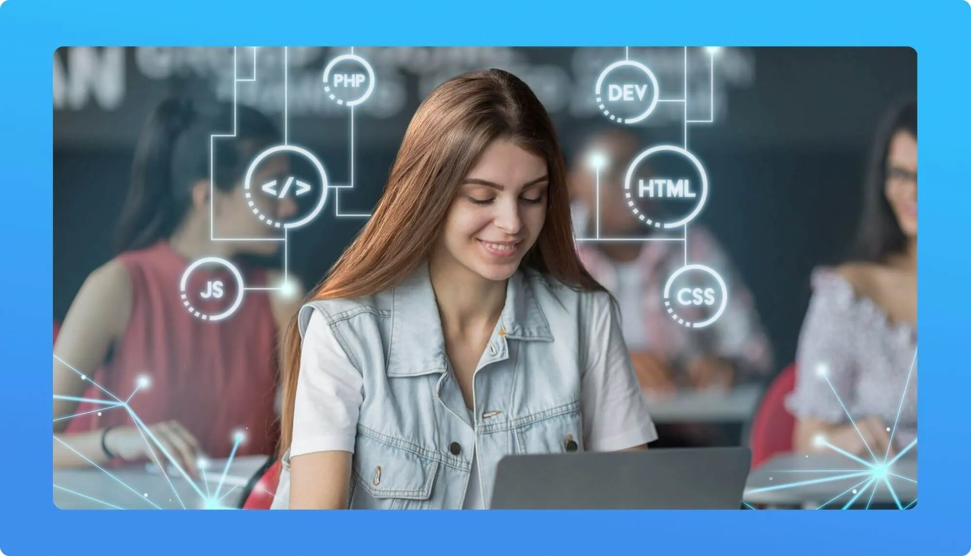 A student in a denim vest focuses on a laptop, surrounded by coding symbols like HTML, CSS, PHP, and JS on a tech-themed background.