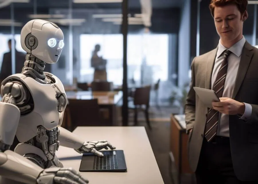 A humanoid robot sits at a desk with a laptop, while a businessman in a suit stands nearby holding a tablet in a modern office setting.
