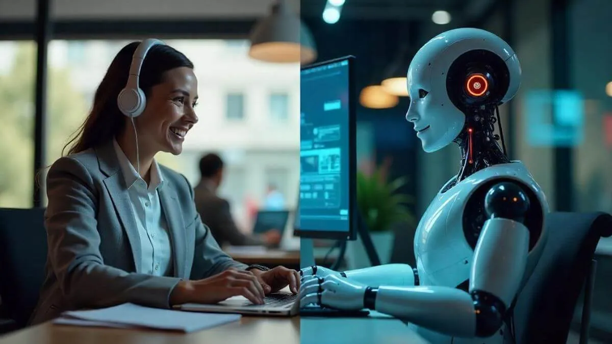 A person in a suit uses a laptop with headphones, while a humanoid robot sits beside a computer displaying digital interfaces.
